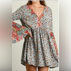 Umgee Mixed Print Patchwork Peasant Dress